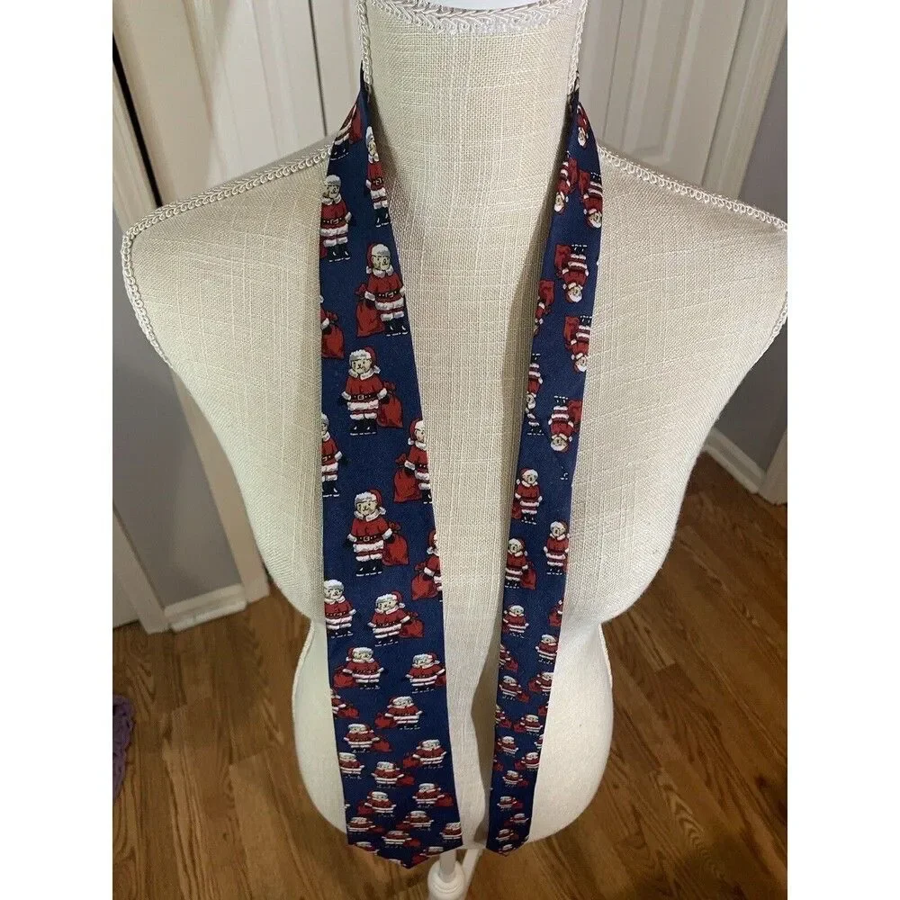 Renaissance Santa Teddy Bear Christmas Tie Blue Print Amals Hand Made Used